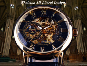 Gold Case Leather Skeleton Mechanical Watches