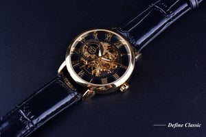 Gold Case Leather Skeleton Mechanical Watches