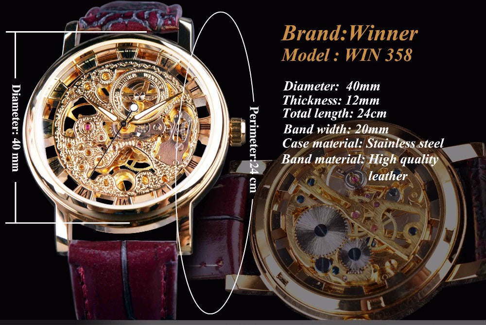 Winner Royal Carving Skeleton Brown Leather Strap