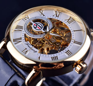 Gold Case Leather Skeleton Mechanical Watches