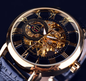 Gold Case Leather Skeleton Mechanical Watches