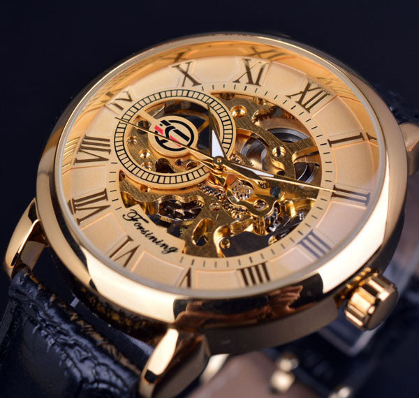 Gold Case Leather Skeleton Mechanical Watches