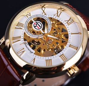 Gold Case Leather Skeleton Mechanical Watches