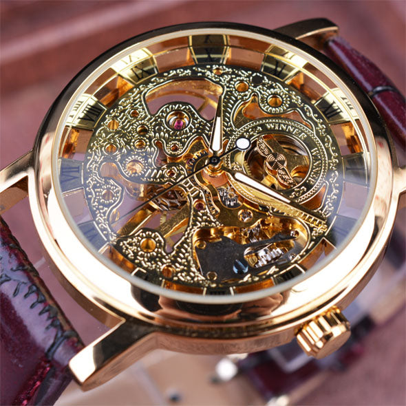 Winner Royal Carving Skeleton Brown Leather Strap