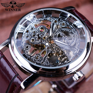 Winner Royal Carving Skeleton Brown Leather Strap