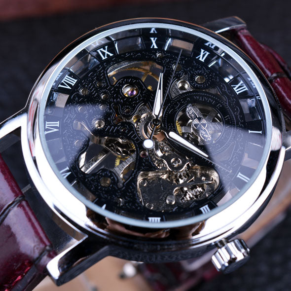 Winner Royal Carving Skeleton Brown Leather Strap