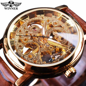 Winner Royal Carving Skeleton Brown Leather Strap