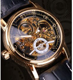 Gold Case Leather Skeleton Mechanical Watches