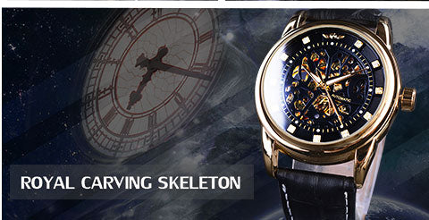 Gold Case Leather Skeleton Mechanical Watches