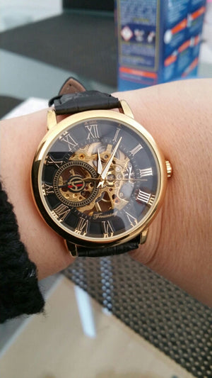 Gold Case Leather Skeleton Mechanical Watches