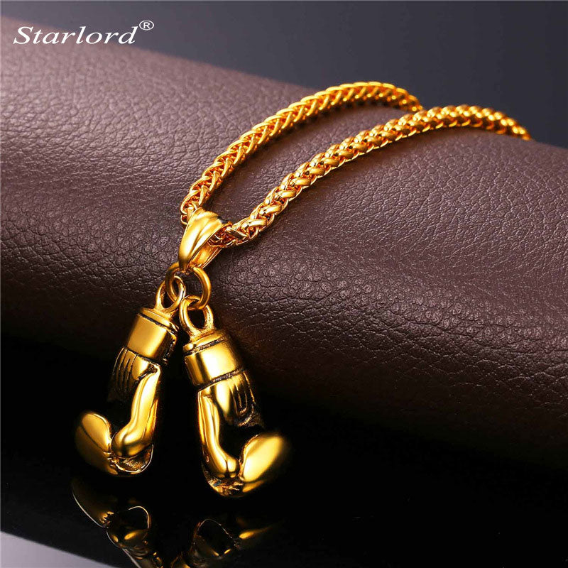 Golden Boxing Glove Pendant Charm Necklace Sport Jewelry 316L Stainless Steel