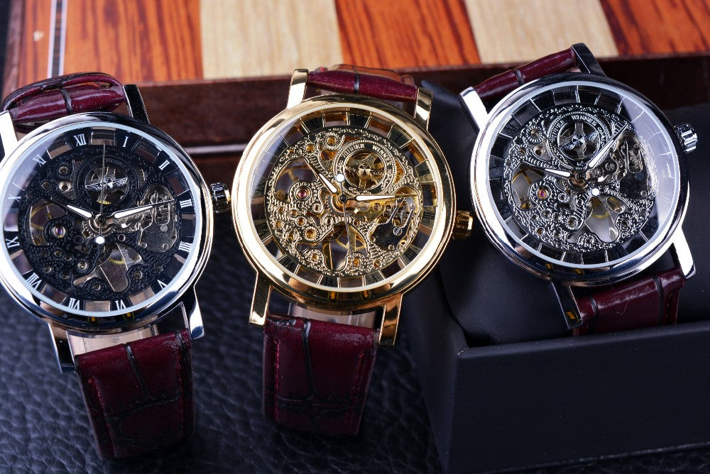 Winner Royal Carving Skeleton Brown Leather Strap