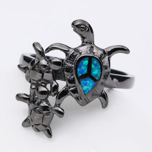 Turtle Mum & Children Design Cool Black Gun Plated Blue Opal Ring for Women Hot Fire Opal Jewelry Unisex Cocktail Ring BR080