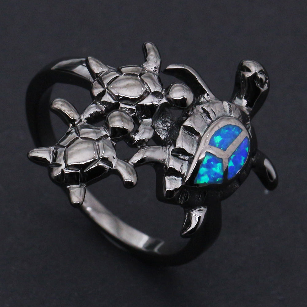 Turtle Mum & Children Design Cool Black Gun Plated Blue Opal Ring for Women Hot Fire Opal Jewelry Unisex Cocktail Ring BR080