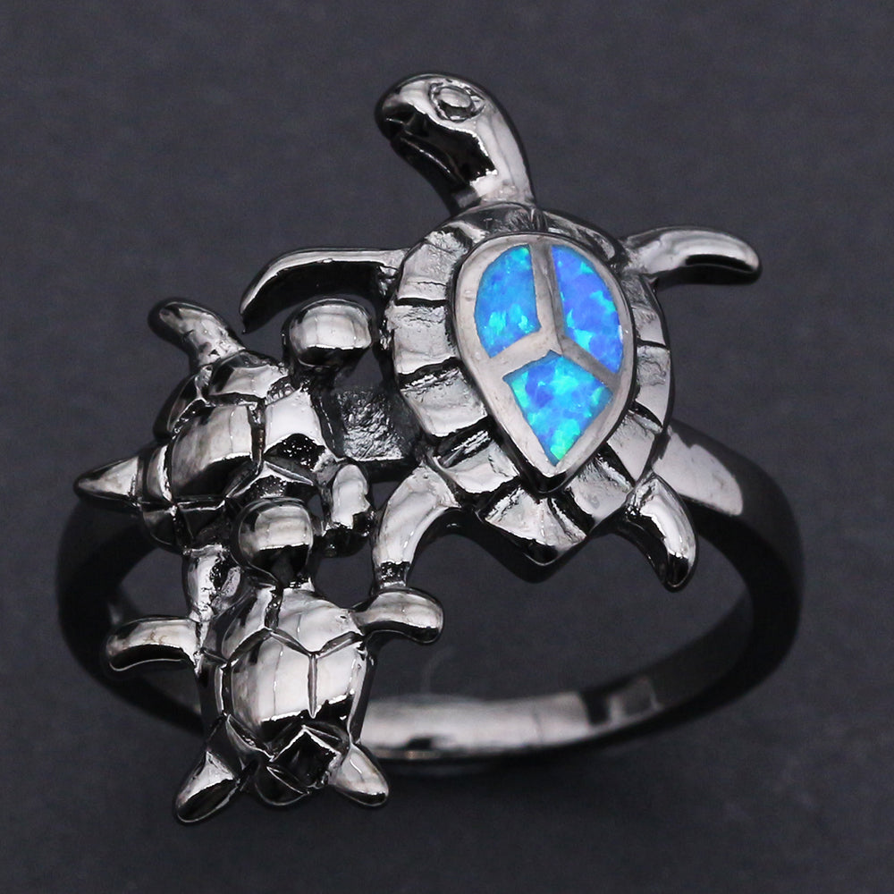 Turtle Mum & Children Design Cool Black Gun Plated Blue Opal Ring for Women Hot Fire Opal Jewelry Unisex Cocktail Ring BR080