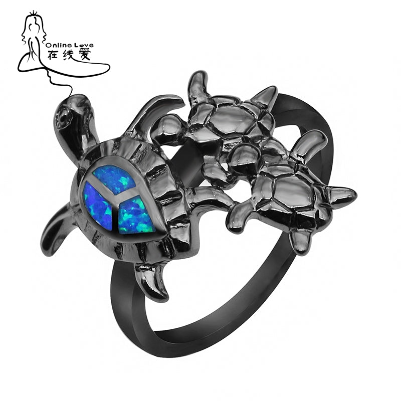 Turtle Mum & Children Design Cool Black Gun Plated Blue Opal Ring for Women Hot Fire Opal Jewelry Unisex Cocktail Ring BR080