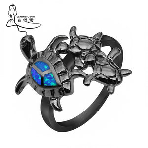 Turtle Mum & Children Design Cool Black Gun Plated Blue Opal Ring for Women Hot Fire Opal Jewelry Unisex Cocktail Ring BR080