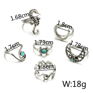 docona Bohemian Silver Moon Sea Horse Finger Ring Set for Women Green Rhinestone Hollow Wave Knuckle Midi Rings 6pcs/1set 4023