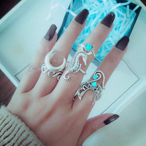 docona Bohemian Silver Moon Sea Horse Finger Ring Set for Women Green Rhinestone Hollow Wave Knuckle Midi Rings 6pcs/1set 4023