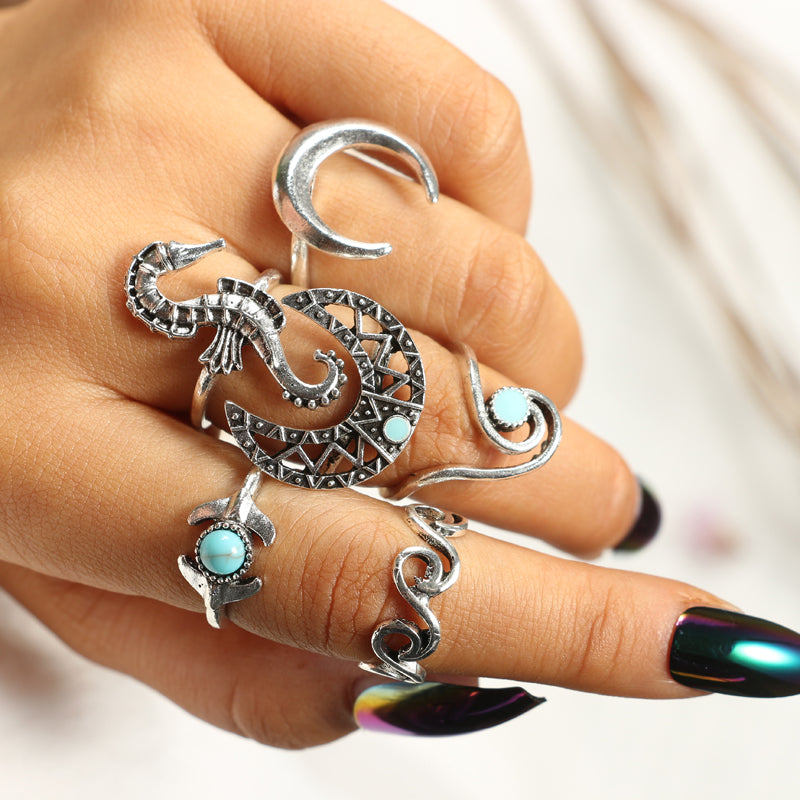 docona Bohemian Silver Moon Sea Horse Finger Ring Set for Women Green Rhinestone Hollow Wave Knuckle Midi Rings 6pcs/1set 4023