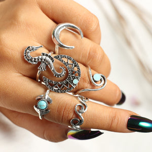 docona Bohemian Silver Moon Sea Horse Finger Ring Set for Women Green Rhinestone Hollow Wave Knuckle Midi Rings 6pcs/1set 4023