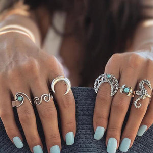 docona Bohemian Silver Moon Sea Horse Finger Ring Set for Women Green Rhinestone Hollow Wave Knuckle Midi Rings 6pcs/1set 4023