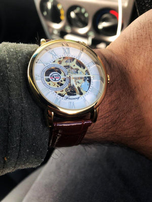 Gold Case Leather Skeleton Mechanical Watches