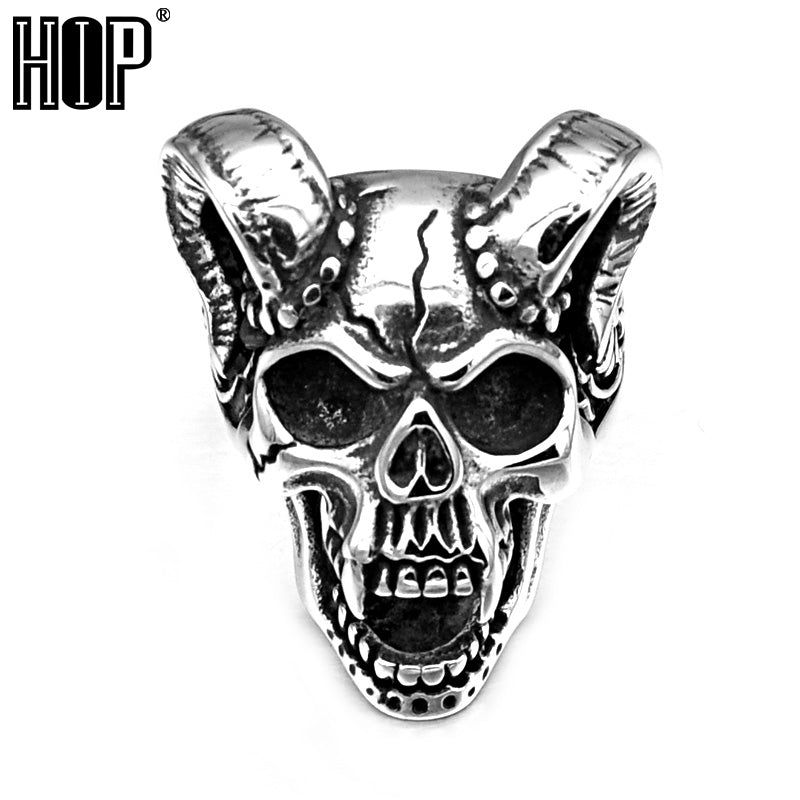 HIP Punk Gothic Casting Evil Damn Vampire Goat Head Bone Ring Titanium Stainless Steel Skull Ring for Men Jewelry