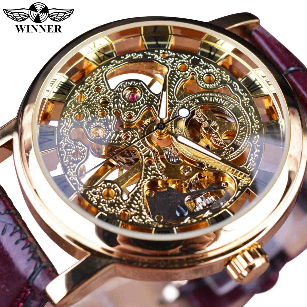 Winner Royal Carving Skeleton Brown Leather Strap